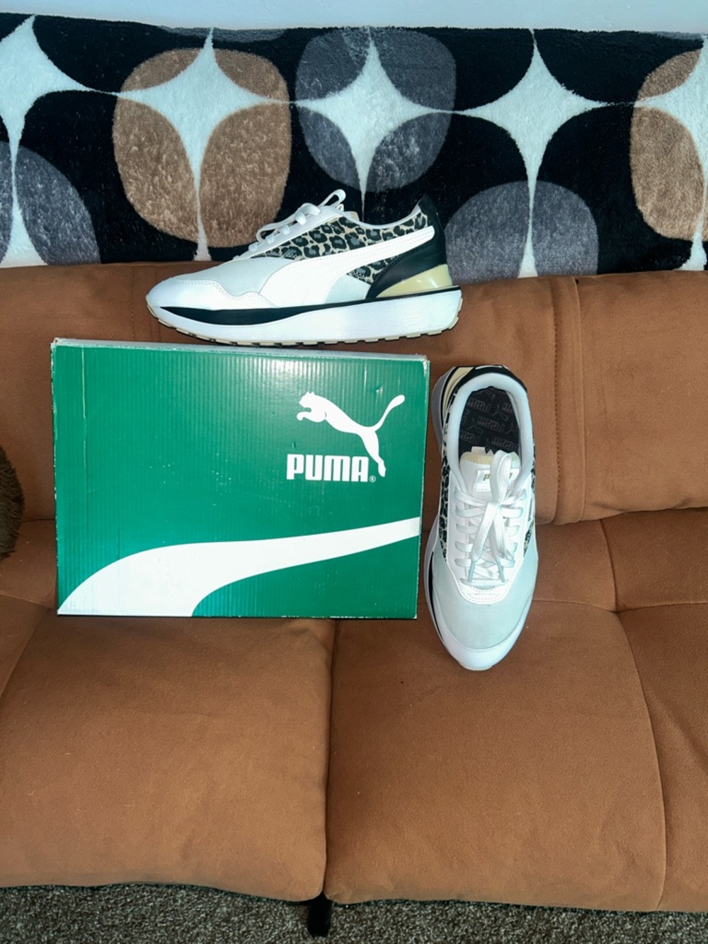 Women’s Puma White Black Leopard-Print Low Top Sneakers